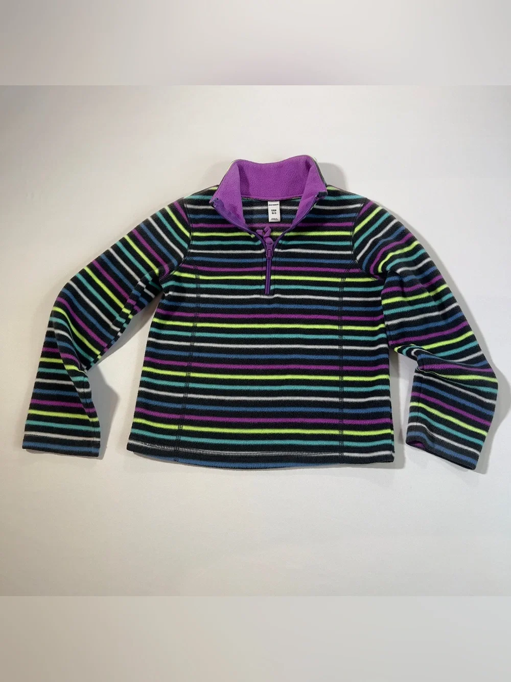 Old Navy Girls Black Striped Quarter-Zip Fleece with Purple Collar
